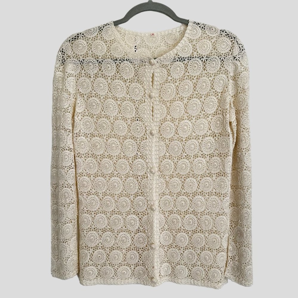 Vintage 60s/70s Crocheted Medium Long Sleeved Cardigan Ivory Cream Silky EUC